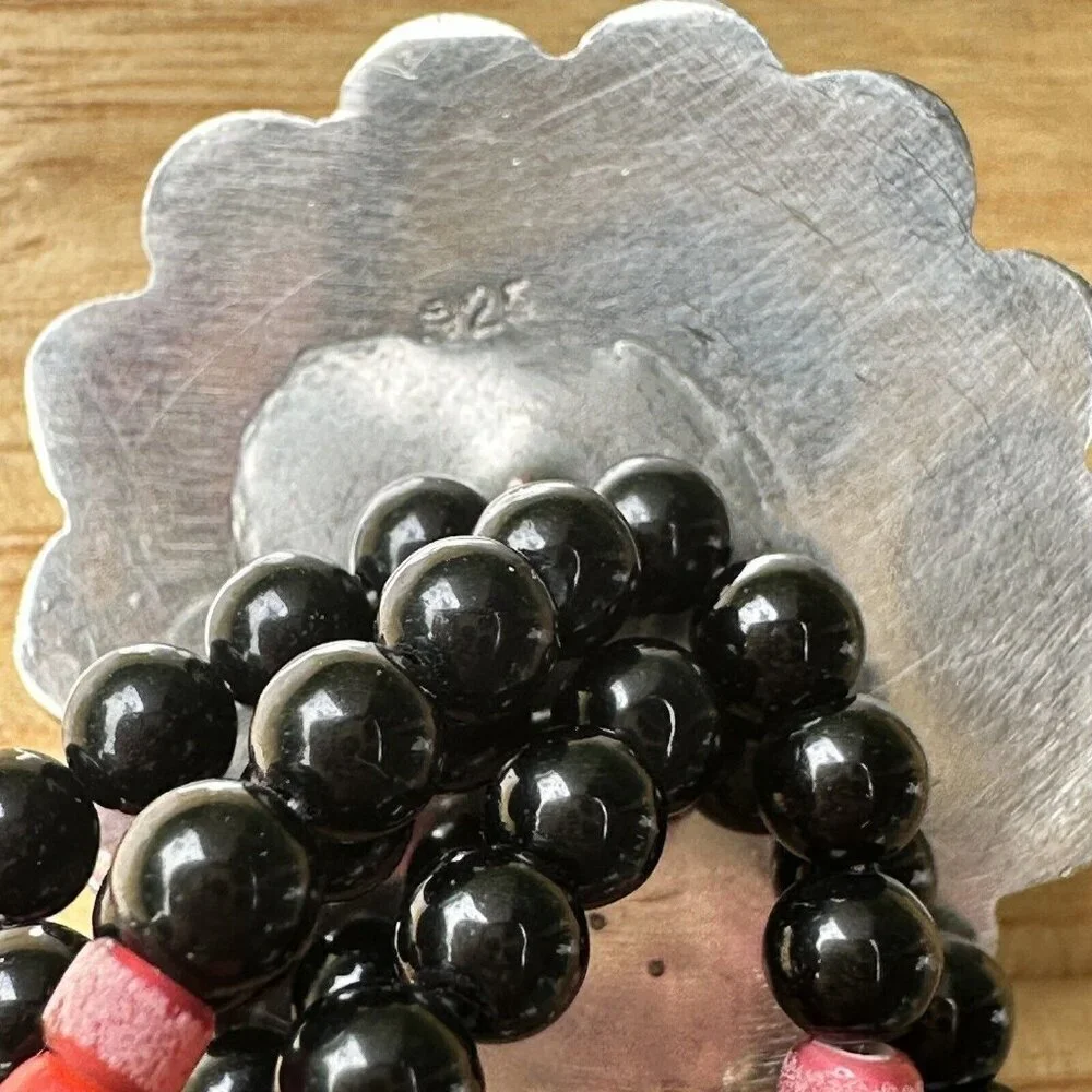 VTG‎ Flower Sterling Silver Bracelet Buffalo Nickel Clasp Black Onyx Red Beads